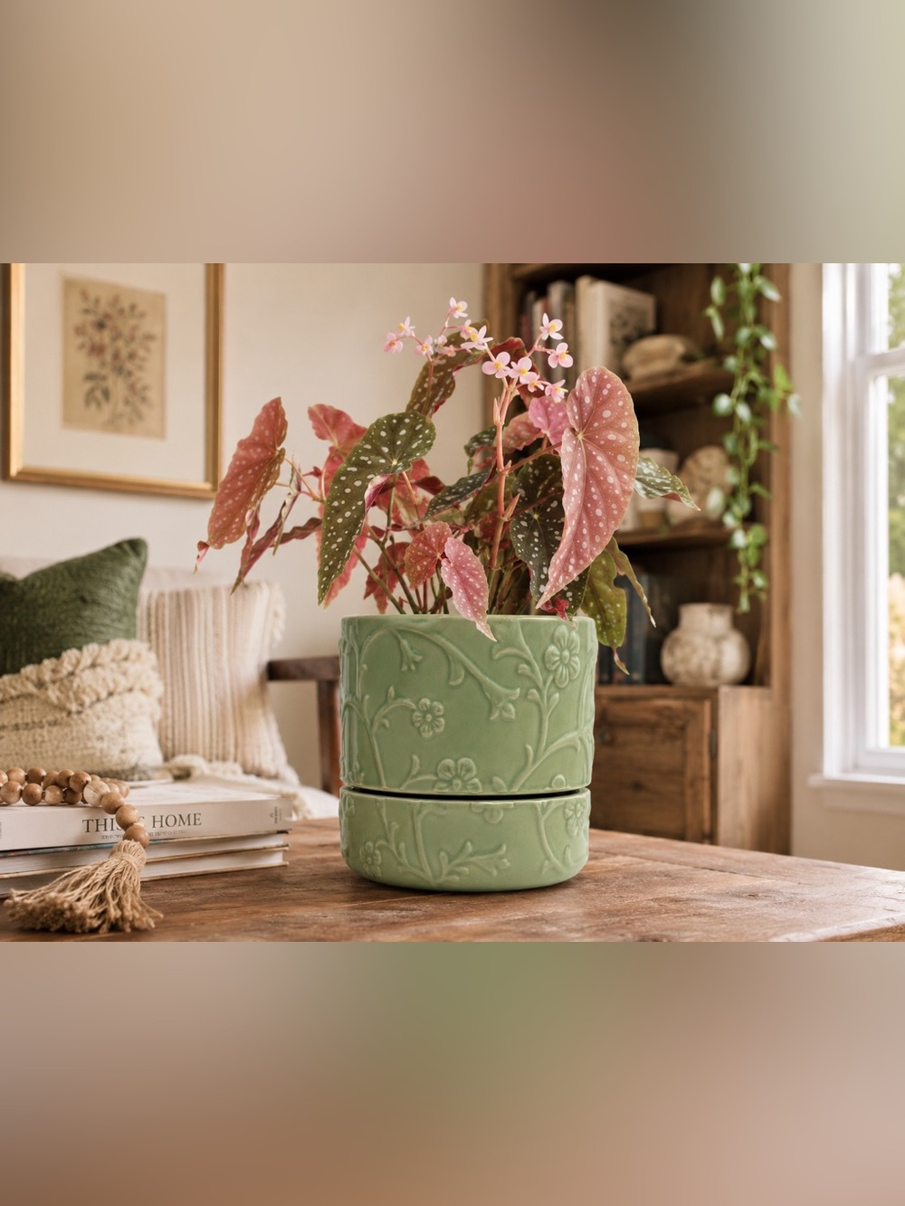 Green Ceramic Floral Planter with Attached Saucer & Drainage Hole